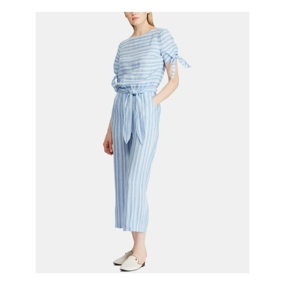 Lauren Ralph Lauren Blue & White Striped 100% Linen Wife Leg Jumpsuit Size 10 - Picture 1 of 7